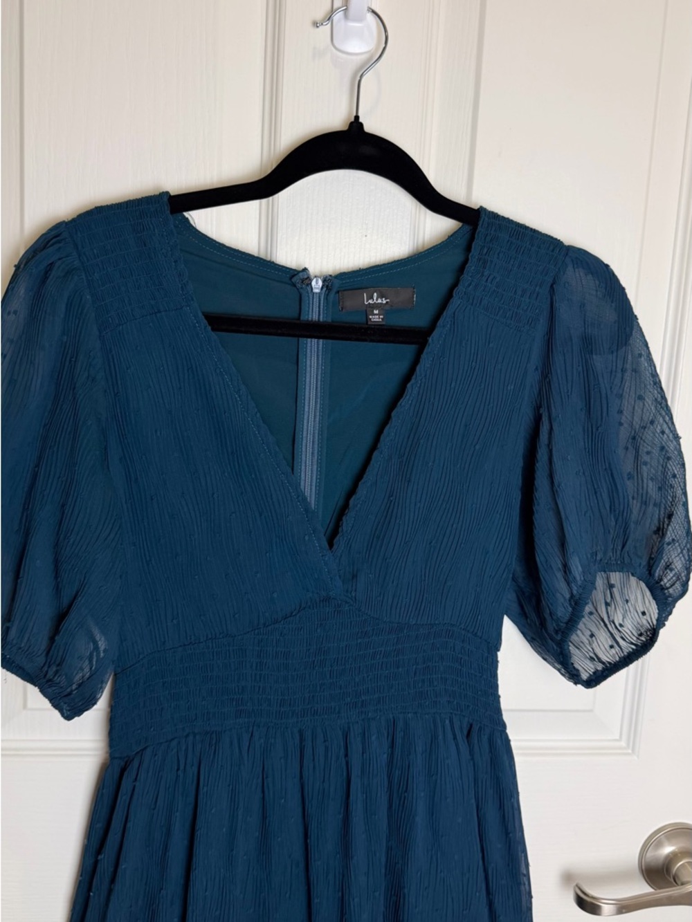 Lulu's Tier Sz M Dark Teal Puff Sleeves Tiered Midi Stretchy Waist Dress - Picture 3 of 12
